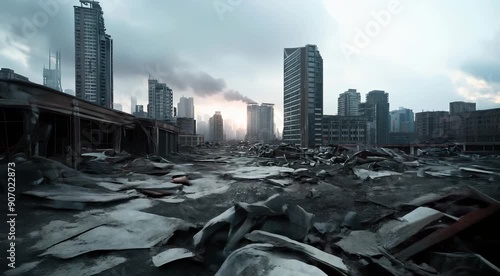 A post-apocalyptic cityscape showing a skyline filled with tall buildings and structures, with debris and ruins in the foreground.