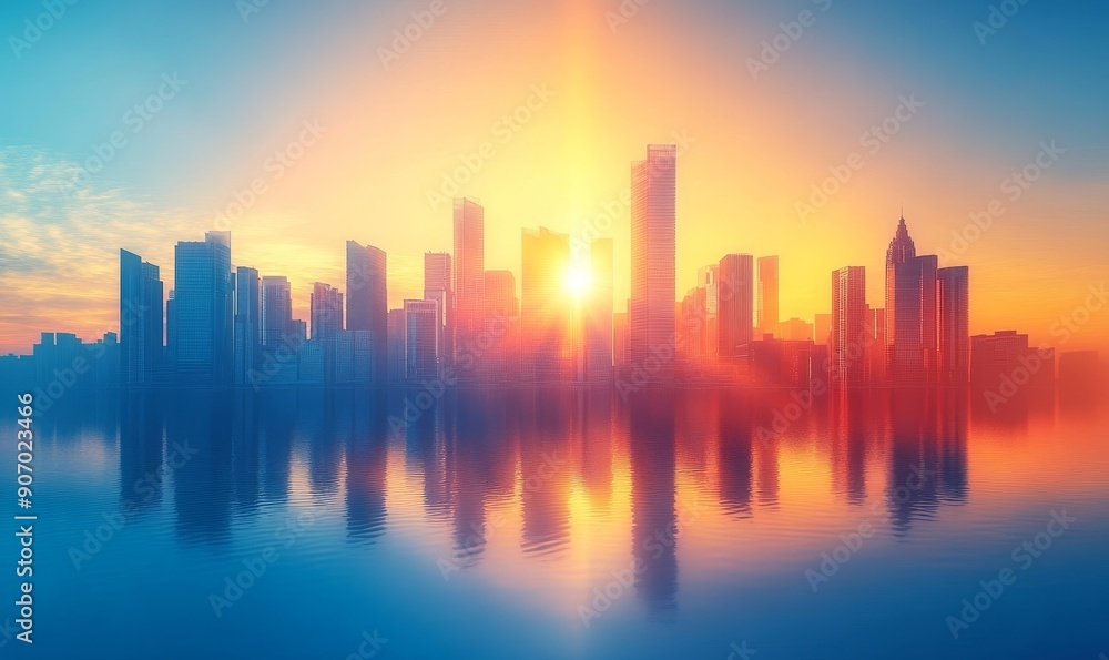 Picture of modern skyscrapers of a smart city, futuristic financial district with buildings and reflections , blue color background for corporate and business template with warm sun rays,Generative AI Picture of modern skyscrapers of a smart city, futuristic financial district with buildings and reflections , blue color background for corporate and business template with warm sun rays,Generative AI