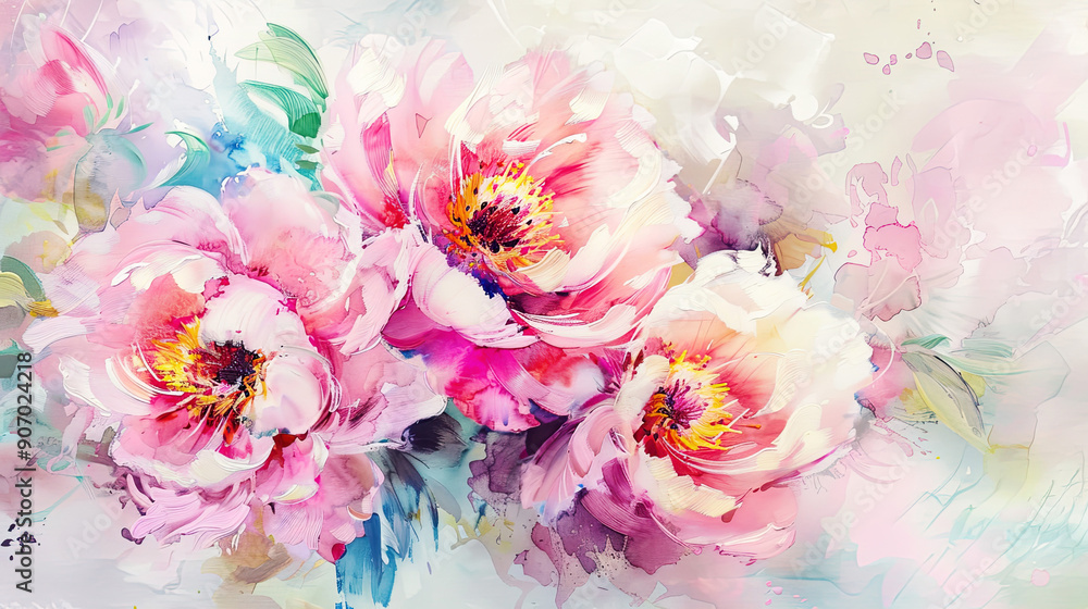 Watercolor peonies in dry brush style, bold strokes with vivid spring colors, lively composition, clean background Watercolor peonies in dry brush style, bold strokes with vivid spring colors, lively composition, clean background