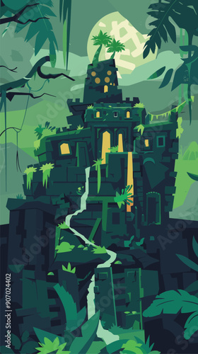 Ancient temple nestled lush green jungle, moonlight shining over mysterious ruins. Overgrown vegetation, lost civilizations temple offering exploration adventure. Deep jungle hides secrets stone