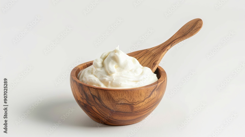 Sour cream in wooden bowl and spoon mayonnaise yogurt isolated on white background Sour cream in wooden bowl and spoon mayonnaise yogurt isolated on white background