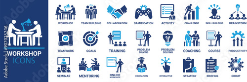 Workshop icon set. Containing team building, collaboration, teamwork, coaching, problem-solving and education icons. Solid icon collection.