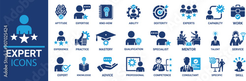 Expert icon set. Containing advice, competence, expertise, knowledge, skill, specialist, experience and more. Solid vector icons collection.
