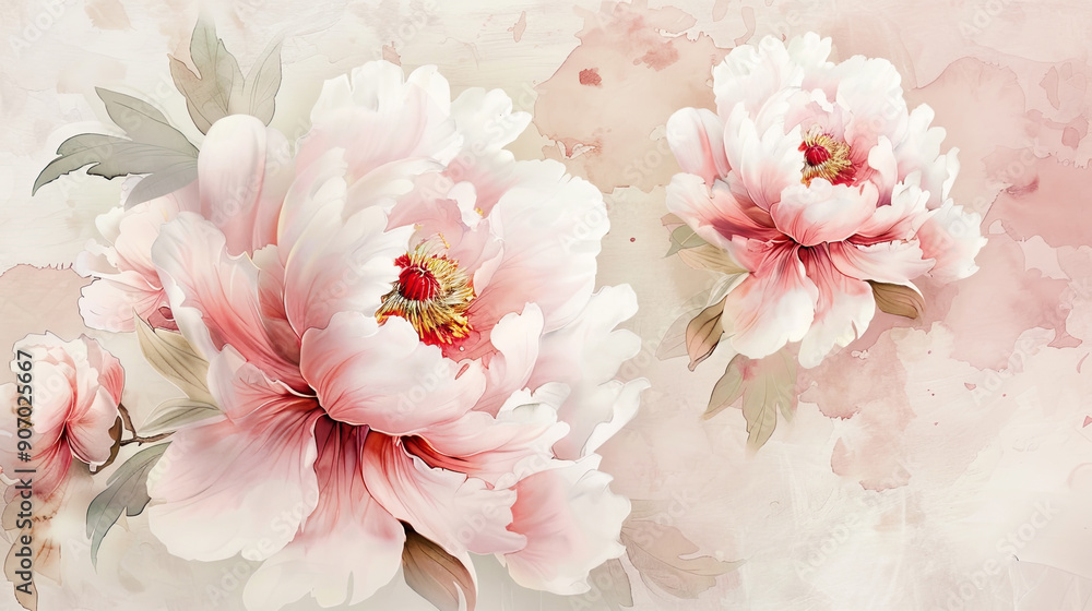 Watercolor peonies with feathering, smooth and flowing edges, elegant and delicate, clean background Watercolor peonies with feathering, smooth and flowing edges, elegant and delicate, clean background