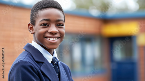 portrait of a smiling black 14 years old child in a primary school, wearing blue school uniform 