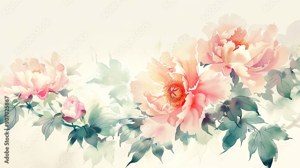 Watercolor peonies with gradient washes, seamless transitions in soft spring hues, light beige background Watercolor peonies with gradient washes, seamless transitions in soft spring hues, light beige background