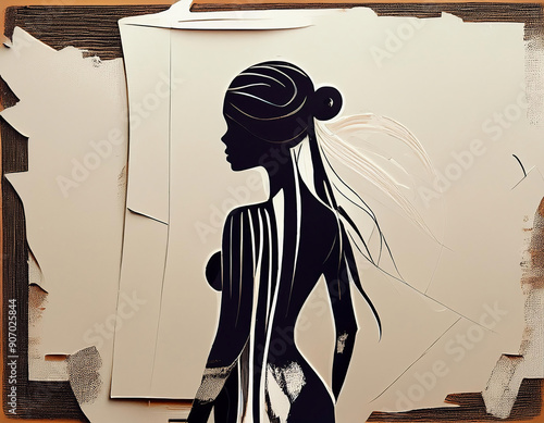 Fashion art silhouette illustration of a beautiful woman body on a grunge white paper background. photo