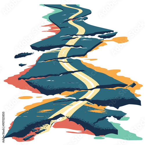 Abstract colorful illustration depicting stylized road map concept winding paths. Artistic representation journey concept, travel routes using bold drips strokes. Colorful metaphor various life