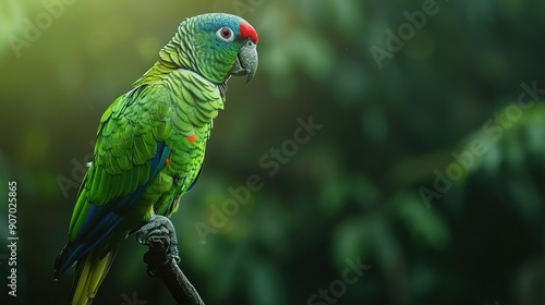 Blue-naped parrot, Tanygnathus lucionensis, colorful parrot, native to Philippines. Green parrot with red beak and light blue rear crown sitting on twig isolated against dark green jungle background. photo