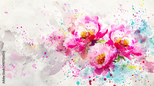 Watercolor peonies with splattering, dynamic and playful, bright colors splashing, light gray background