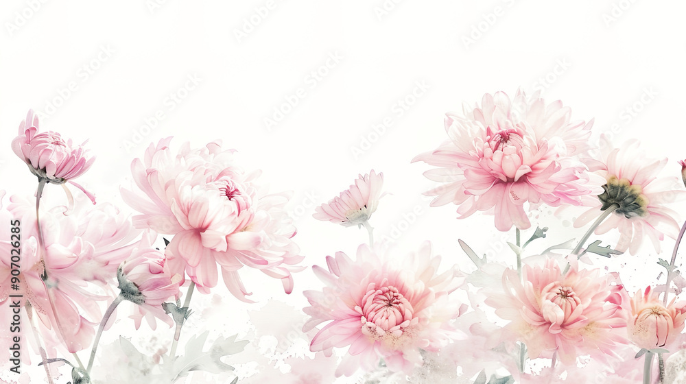 Watercolor Pink chrysanthemums with feathering, soft and flowing, elegant and delicate, light and airy, clean white background Watercolor Pink chrysanthemums with feathering, soft and flowing, elegant and delicate, light and airy, clean white background