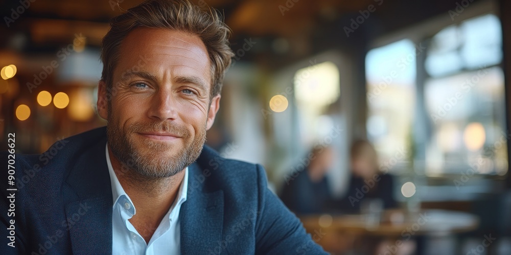 Fototapeta premium A man enjoys his time at a chic café, exuding confidence with a warm smile