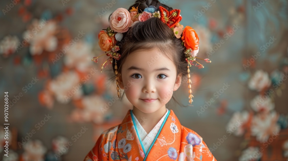 A young girl models a vibrant kimono adorned with floral decorations A young girl models a vibrant kimono adorned with floral decorations