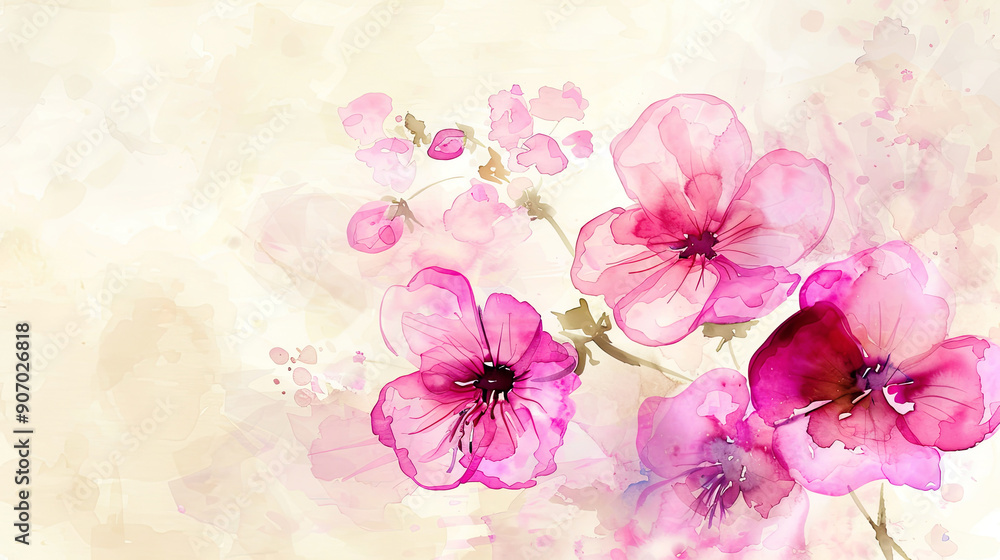 Watercolor Pink violets in dry brush style, bold and vivid strokes, light beige background Watercolor Pink violets in dry brush style, bold and vivid strokes, light beige background