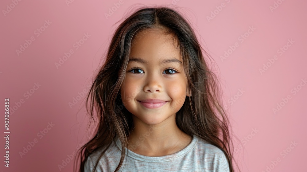 A cheerful girl with long hair smiles warmly at the camera, creating a joyful atmosphere A cheerful girl with long hair smiles warmly at the camera, creating a joyful atmosphere