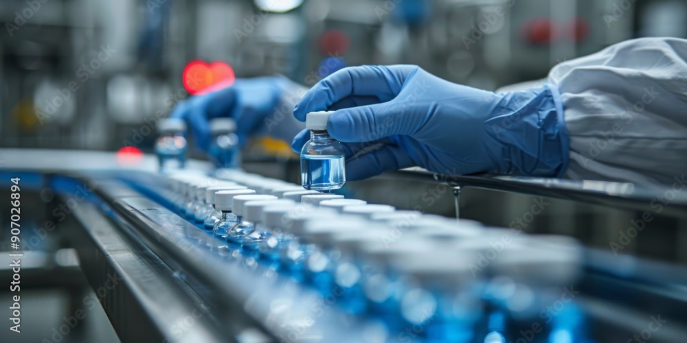 Pharmacist in Sanitary Gloves Inspecting Medicine Vials on a Production Line Conveyor Belt in a Pharmaceutical Health Care Factory Pharmacist in Sanitary Gloves Inspecting Medicine Vials on a Production Line Conveyor Belt in a Pharmaceutical Health Care Factory