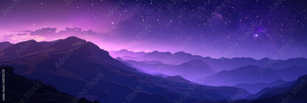 Fototapeta premium Stars sparkle in a purple dusk sky next to a looming mountain shadow