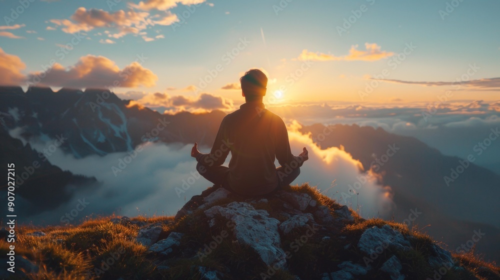 Tranquil scene of one man meditating on rocky mountain peak during sunset; sky filled with clouds and hues of orange and blue; peaceful and introspective. Tranquil scene of one man meditating on rocky mountain peak during sunset; sky filled with clouds and hues of orange and blue; peaceful and introspective.