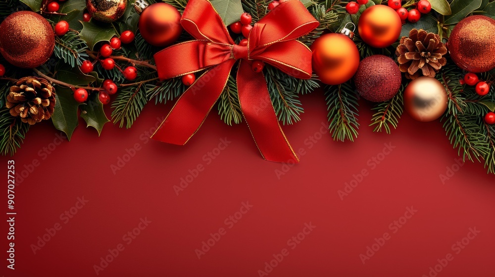 Festive Christmas decorations; top-view pine branches, red bow, golden and red ornaments, greeting card for winter holiday. Copy space. Festive Christmas decorations; top-view pine branches, red bow, golden and red ornaments, greeting card for winter holiday. Copy space.