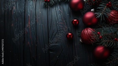 Festive Christmas decorations with red baubles and green pine leaves on dark wooden background for xmas banner, greeting card, or winter holiday theme. Copy space. photo