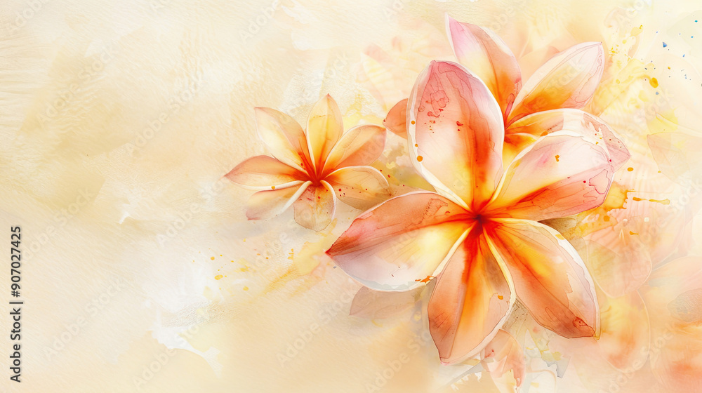 Watercolor plumeria in wet-on-dry style, delicate and detailed, bright pastel shades, light beige background Watercolor plumeria in wet-on-dry style, delicate and detailed, bright pastel shades, light beige background