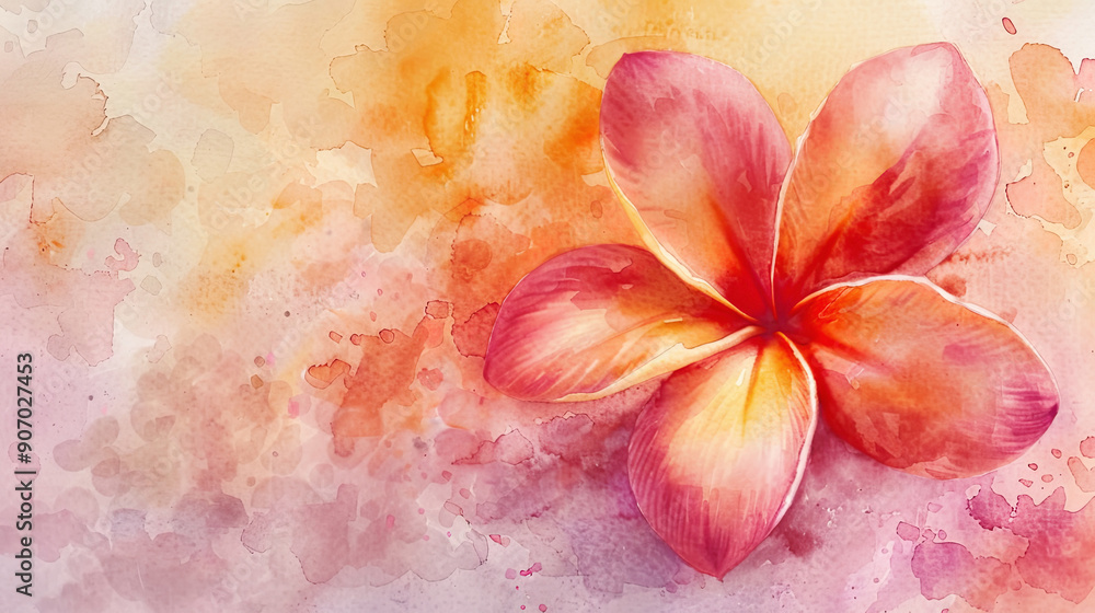 Watercolor plumeria in wet-on-dry style, detailed petals in vibrant reds and oranges, pastel background Watercolor plumeria in wet-on-dry style, detailed petals in vibrant reds and oranges, pastel background
