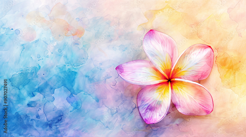 Watercolor plumeria in wet-on-dry style, fine details and vibrant colors, pastel background Watercolor plumeria in wet-on-dry style, fine details and vibrant colors, pastel background