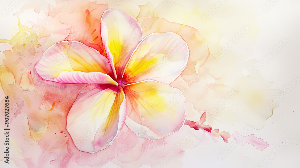 Watercolor plumeria in wet-on-wet style, soft blending of pinks and yellows, white background Watercolor plumeria in wet-on-wet style, soft blending of pinks and yellows, white background