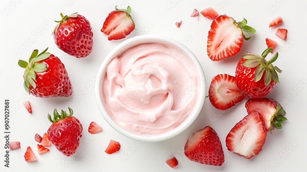 Tasty strawberry yogurt on white background Tasty strawberry yogurt on white background