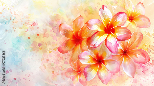 Watercolor plumeria pudica detailing with fine brushes, intricate patterns and vibrant hues, light background