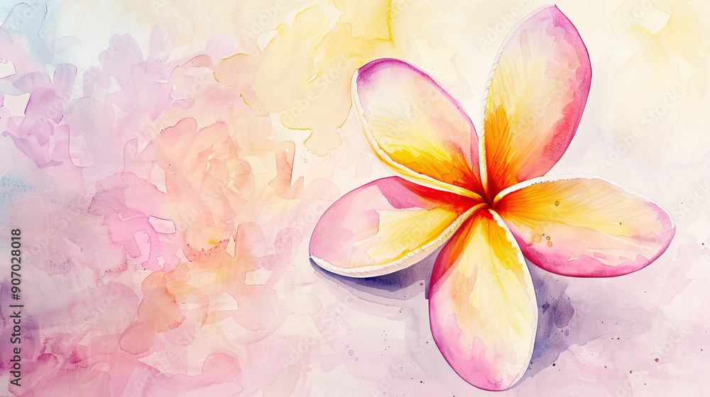 Watercolor plumeria pudica in wet-on-dry style, detailed petals in shades of pink and yellow, pastel background Watercolor plumeria pudica in wet-on-dry style, detailed petals in shades of pink and yellow, pastel background