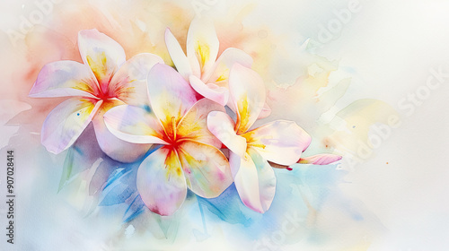 Watercolor plumeria pudica using lifting, soft and light, delicate and gentle, pastel shades, light background