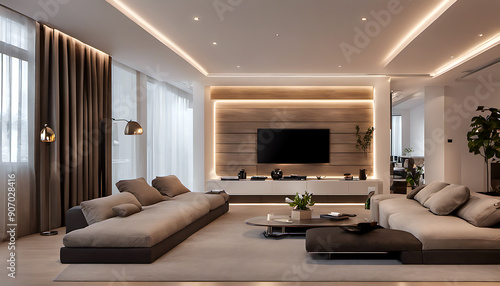 Nice Interior design, Modern and comfortable living room. Warm lighting that creates a cozy atmosphere