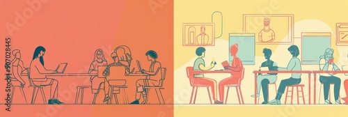 This illustration depicts the concept of remote teamwork, showcasing individuals working together in a hybrid setting. The image symbolizes collaboration, communication, technology, and the integratio photo