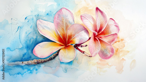 Watercolor plumeria pudica using lifting, soft pastels creating delicate highlights, gentle composition, light background