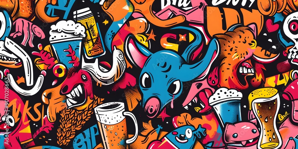 Fototapeta premium A vibrant, densely packed collage of cartoonish characters and objects in various colors, resembling graffiti art. The image is lively and chaotic, with a playful and energetic vibe.