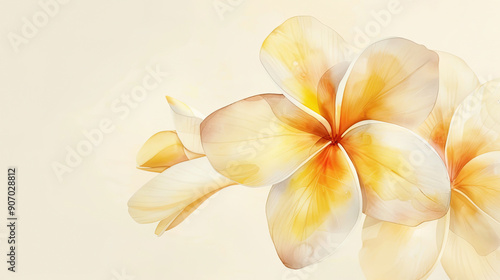 Watercolor plumeria pudica with gradient washes, seamless transitions in soft hues, light beige background