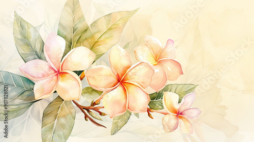 Watercolor plumeria pudica with gradient washes, seamless transitions in delicate hues, light beige background