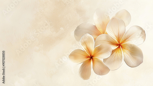 Watercolor plumeria pudica with gradient washes, smooth color transitions, soft and dreamy, light beige background