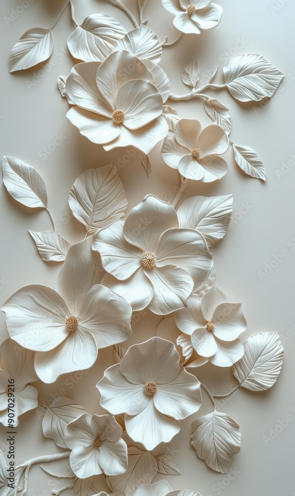 White flowers and leaves on a beige background. AI. White flowers and leaves on a beige background. AI.