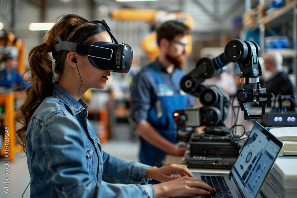 Engineers Use VR Glasses to control AI Robot Arm System in Workshop, Utilizing Laptop for PLC Robotics Training Project Engineers Use VR Glasses to control AI Robot Arm System in Workshop, Utilizing Laptop for PLC Robotics Training Project