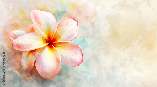 Watercolor plumeria using lifting, gentle and soft pastels creating delicate effects, light background