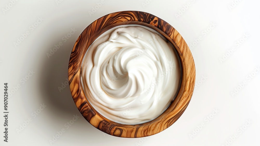 Wooden bowl of sour cream or yogurt isolated on white background top view Wooden bowl of sour cream or yogurt isolated on white background top view