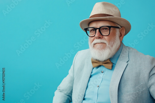 Portrait of stylish grandpa on light blue background