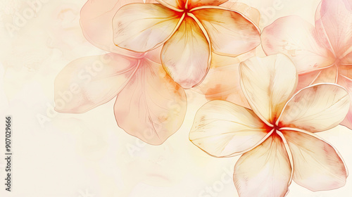 Watercolor plumeria with gradient washes, seamless transitions in delicate hues, light beige background