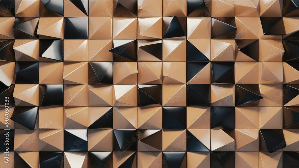 Obraz premium Luxurious Layers: 3D Triangular Tile Wallpaper with Black Blocks