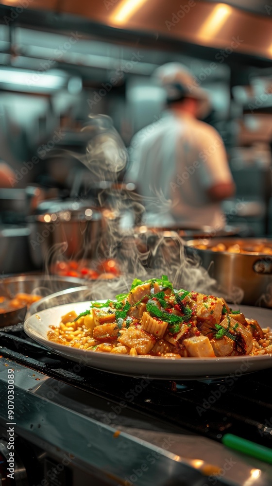 A plate of steaming food on a stovetop. AI. A plate of steaming food on a stovetop. AI.