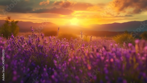 Breathtaking Lavender Flowers and Sunset - Perfect Harmony of Purple and Orange
