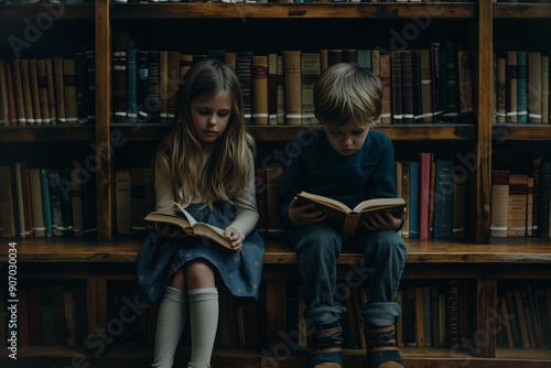 Kids Immersed in Books - Serene Moment in a Warm, Book-Filled Library

