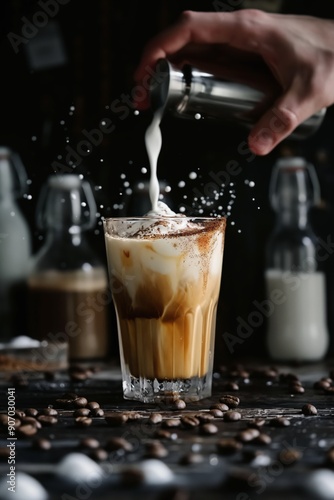 Refreshing Iced Coffee with Milk Pour - Capturing the Perfect Beverage Moment

